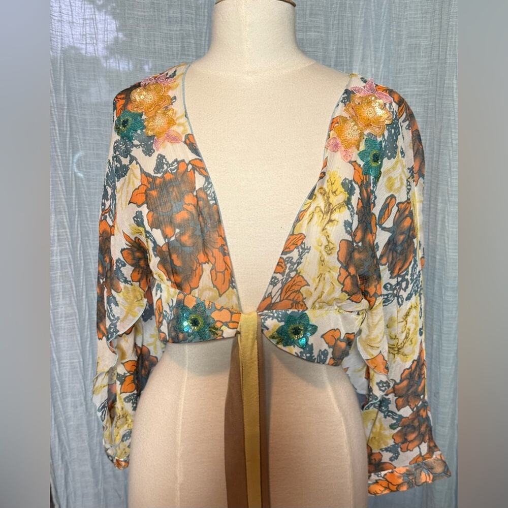 Tom K Nguyen cropped silk sequin flower details coverup with split sleeves